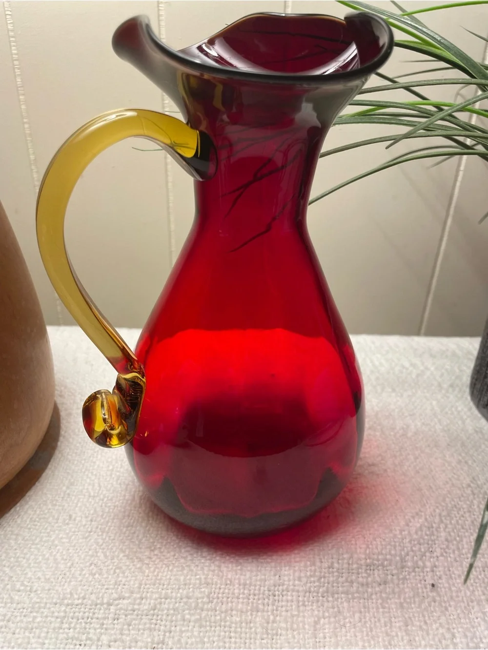 Handblown Ruby Red Glass Pitcher with Amber Handle